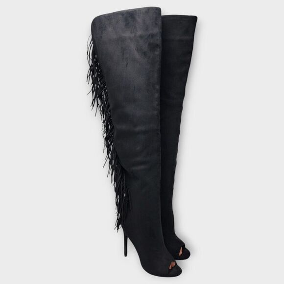 Steve Madden Lesha Suede Thigh High Open Toe Tall Heeled Fringe Boot Black Sz 9M - Picture 13 of 13